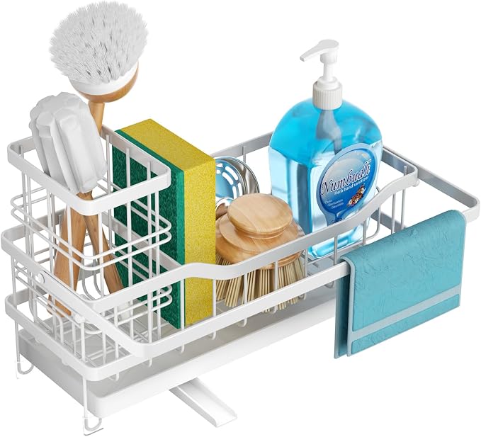 Sponge Holder for Kitchen Sink, Self-draining Sink Organizer with Towel Rack and Brush Holder, Metal Kitchen Sink Organizer for Countertop, White - Image 8