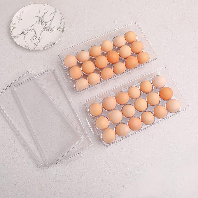 Sooyee 2 Pack Egg Holder for Refrigerator, Plastic Egg Storage Container, Fridge Egg Organizer, Clear Refrigerator Organizer Bins with Lids, Stackable Tray Holds 18 Eggs - Image 2