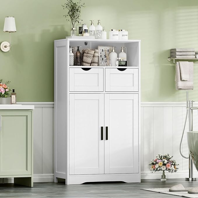 Iwell Bathroom Cabinet with Doors and Drawers, Freestanding Bathroom Storage Cabinet, Adjustable Shelves, for Living Room, Kitchen, Home Office, White - Image 4
