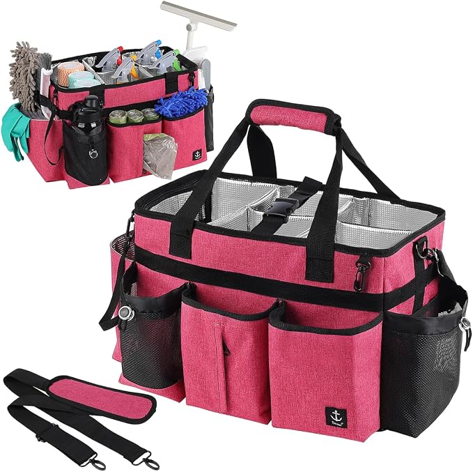 Large Cleaning Caddy Bag Built-in hard plastic sheet Aluminum foil lining | Waterproof nylon, aluminum foil lining, detachable dividers, dual straps for housekeepers by Timoxi