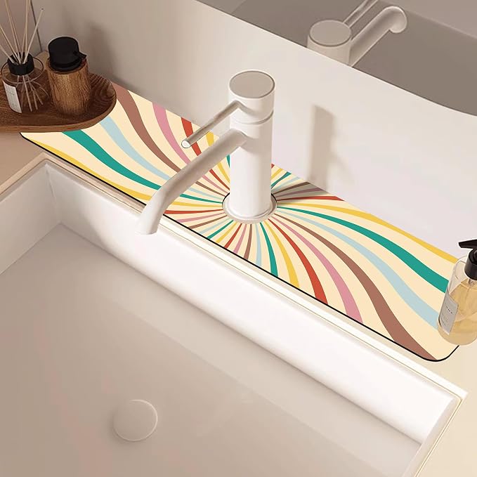 Groovy Retro Swirl Kitchen Sink Splash Guard Mat Absorbent Fast Drying Mat Faucet Draining Mat Sink Splash Guard Behind Faucet Drip Catcher for Kitchen Bathroom 5.5"×24" - Image 2