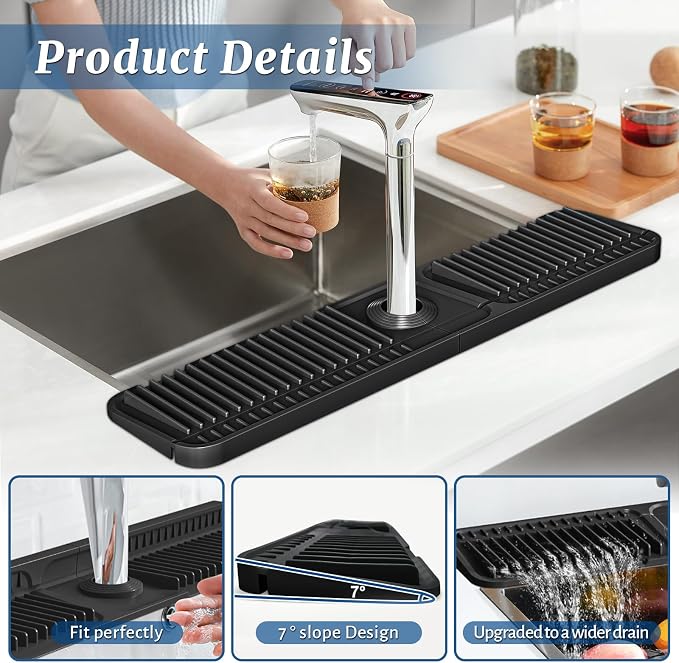 PoYang 24 Inch Faucet Mat for Kitchen Sink Splash Guard, Silicone, Black | Sink Protectors with 7° Slope for Smooth Drainage, Snap Button Holds It in Place, 90° Foldable & Cuttable Hole Fit Most Sinks - Image 8