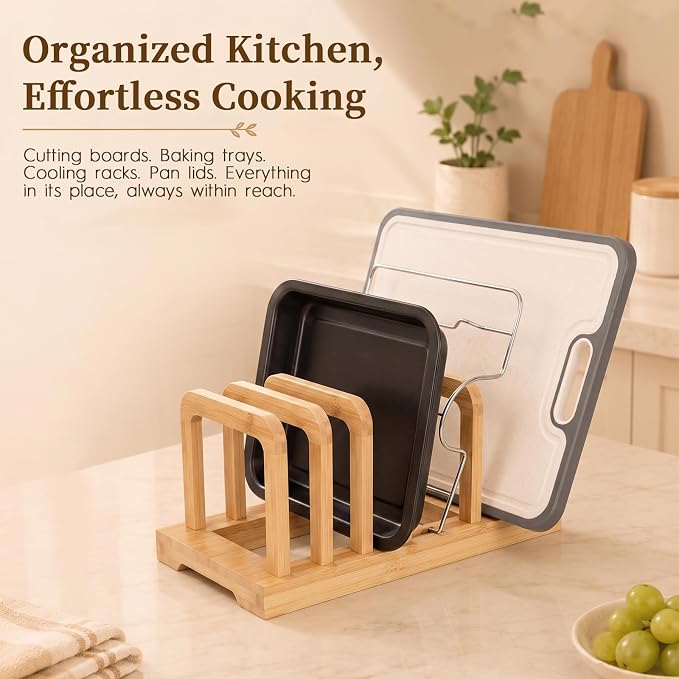 5-Slot Adjustable Cutting Board Rack,Bamboo Cutting Board Organizer Stand Holder,Chopping Board Holder,Pot Pan Lid Rack kitchen Shelf Bakeware for Kitchen Storage - Image 4