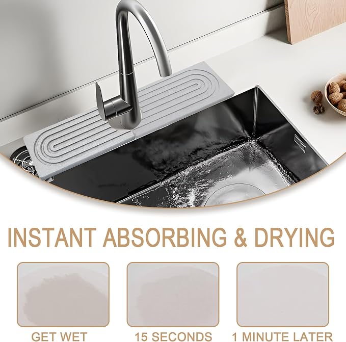 Jiozermi 23.6" Diatomite Faucet Mat for Kitchen Sink, Light Grey | Diatomite Stone Sink Tray, Faucet Sink Splash Guard, Absorbent Mat, For Kitchen Bathroom Faucet Sink, 23.6" x 3.9" - Image 4