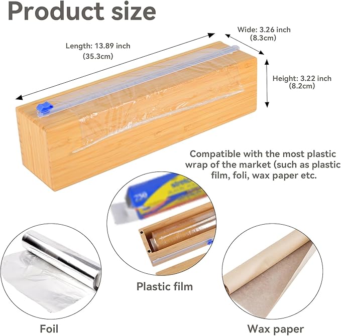 Uncle Jack Plastic Wrap Dispenser with Slide Cutter, Fit 13'' Rolls, Bamboo Aluminum Foil Dispenser with Cutter for Wax Paper, Saran Wrap - Image 6