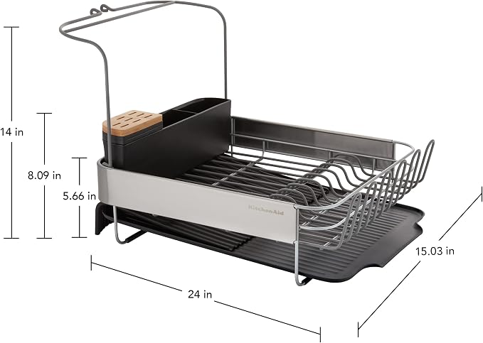 KitchenAid Full Size, Rust Resistant Expandable Dish Rack with Angled Self Draining Drainboard, 24-Inch, Black - Image 5