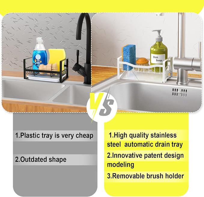Stainless Steel Kitchen Sink Caddy Organizer with Auto Drain Tray, Sponge Holder for Countertop Storage (White) - Image 4