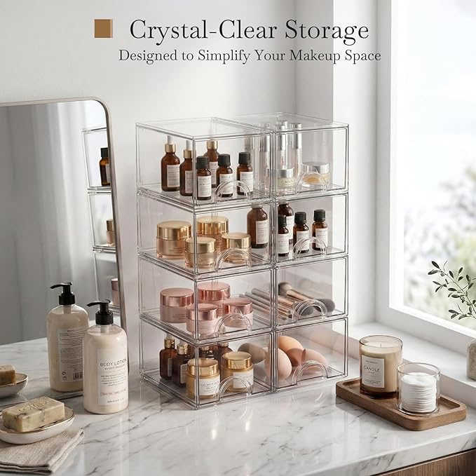 8 Pack Small Clear Stackable Acrylic Storage Boxes & Drawers | Storage Organizer, Clear Plastic Makeup Organizer, Ideal for Vanity, Cabinet, Desk Organization, Art Tool & Sketch - Image 4