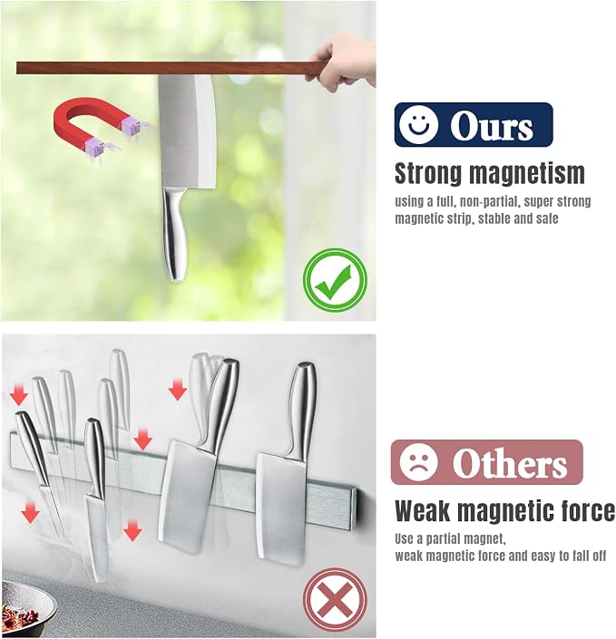 Dmore magnetic knife holder for wall—with 2 hooks, No Drilling 20 Inch walnut knife magnetic strip, Powerful knife magnet rack, include Adhesive Tape and screws for Knives, Utensils, and Tools - Image 4