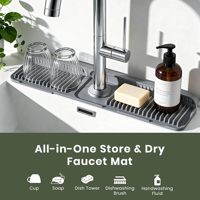 24 Inch Faucet Mat for Kitchen Sink, Silicone Splash Guard for Kitchen Sink Area, 7° Slope Fast Self-Draining Sink Mat, Cuttable Hole Design, Sink Backsplash Guard Draining Mat, Dark Grey - Image 5