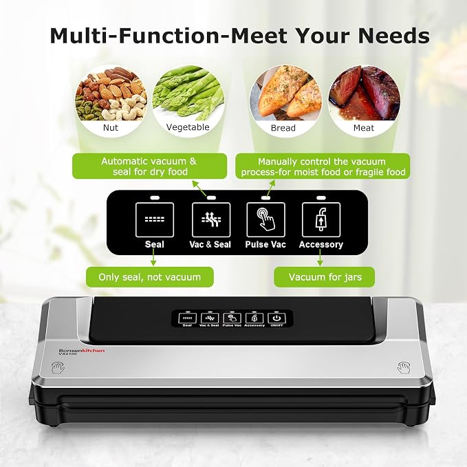 Bonsenkitchen Vacuum Sealer Machine, Multiple Modes For Meal Prep,Silver | Compact Vacuum Sealer for Kitchen Storage & Sous-Vide,External Vacuum System,6x Longer Freshness,5 Vacuum Bags - Image 2