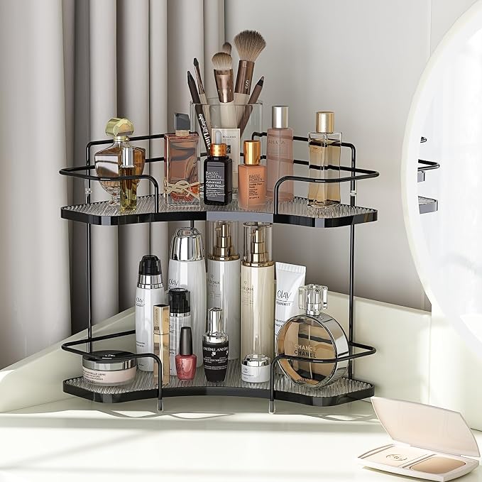 2 Tier Corner Bathroom Counter Organizer, Corner Makeup Organizer | Vanity, Perfume, Skincare Organizers, Kitchen, Bathroom Counter Storage, Tool-Free Assembly, Space-Saving, Black - Image 2