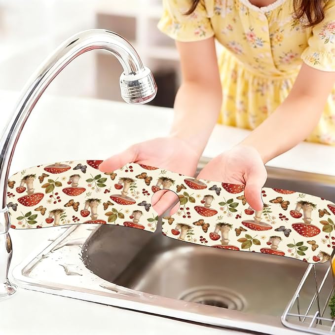 2 Pcs Plants and Mushrooms Kitchen Sink Splash Guard Faucet Mat Leaves Butterfly Faucet Mat for Sinks Absorbing Drying Mats for Kitchen Bathroom, 23.6x5.5inch - Image 6