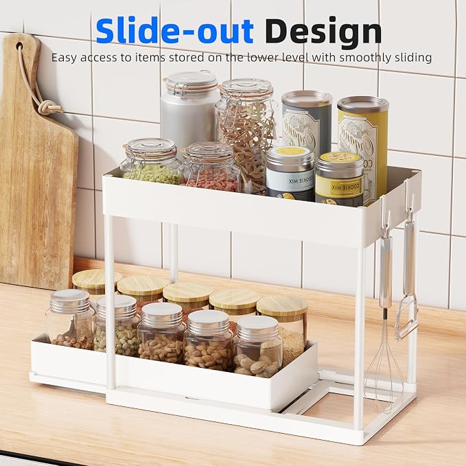Simple Trending Under Sink Organizer 2 Pack, with Sliding Drawer, White | 2-Tier Multi-Use Under Shelf Organizer with Hooks, Sink Pull-Out Sliding Storage Cabinet for Kitchen Bathroom, Easy Assembly - Image 4