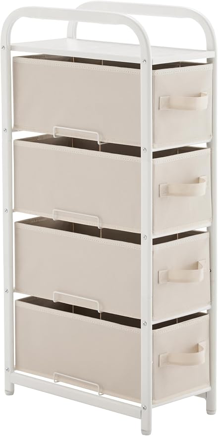 MAX Houser 4 Drawer Narrow Dresser Fabric Storage Tower Vertical Slim Storage Chest Organizer Nightstand Side/End Table Small Standing Organizer Removable Drawers Wood Top for Bedroom, Bathroom(Beige) by MAXHouser
