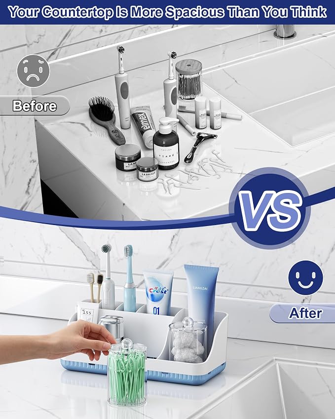 Bathroom Counter Organizer and Storage with 2 Pack Qtip Holder Dispenser, 7 Slots Detachable Toothbrush Holders for Bathrooms, Anti-Slip Electric Toothbrush and Toothpaste Holder Countertop - Image 5