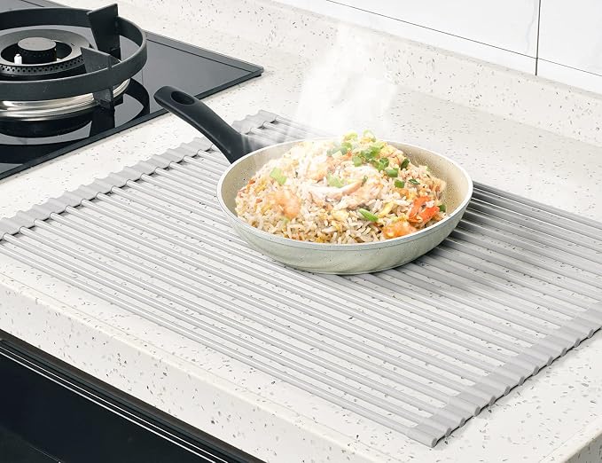 20.5 x 15.5 Inch Roll-Up Dish Drying Rack, Fits Across Sink Openings up to 19.5 Inches, Heavy-Duty Premium Silicone, Strong Support, Non-Slip, Heat-Resistant, Warm Gray - Image 8