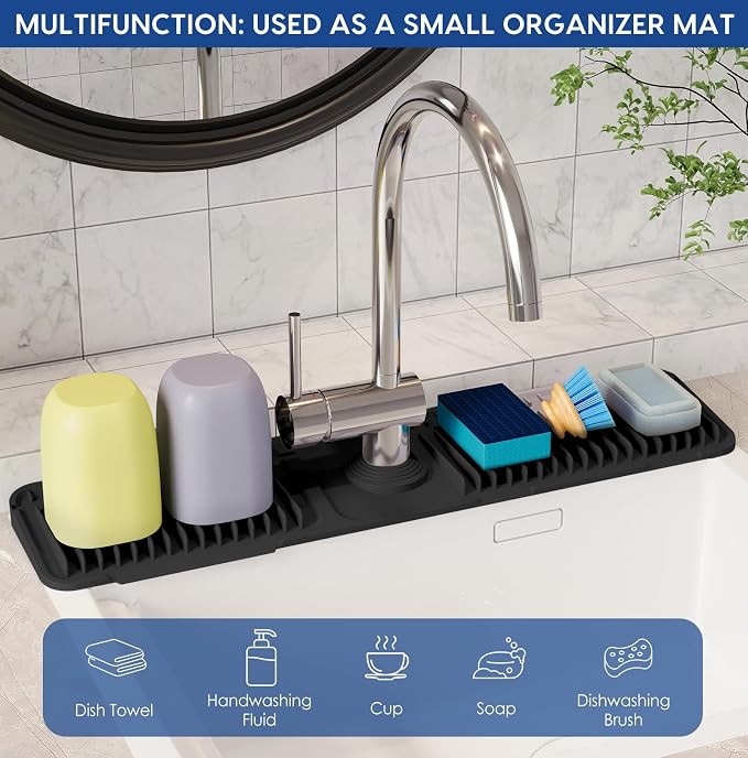 24-Inch Silicone Faucet Mat for Kitchen Sink Splash Guard, 7° Slope | 24"x5.5" water draining mat with fasten button; 1.6-2.75" customizable hole for bathroom, RV & kitchen sink drip catcher. - Image 7
