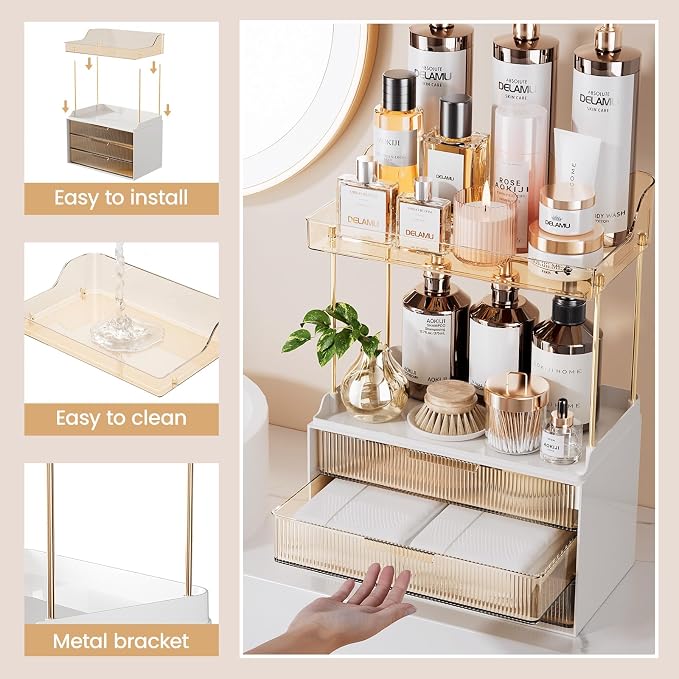Delamu 5-Tier Makeup Organizer, Bathroom Counter Storage, 3 Drawers, Amber | Elegant Vanity Organizer Gift for Women, Holds Perfume, Skincare, Nail Polish & Hair Accessories for Bathroom Countertop - Image 4