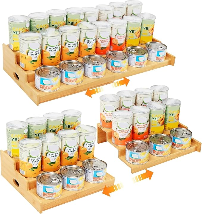 Can Rack Organizer for Pantry, Expandable Canned Food Organizer | Holds 24 Cans, 3-Tier Bamboo Soda Organizer, Adjustable Canned goods Storage Display Shelf, for Kitchen, Countertop, Cabinet by Evernewly