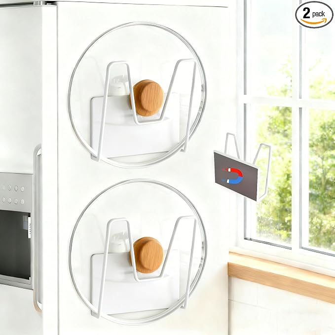 Magnetic Pot Lid Holder for Refrigerator, 2 Pack Strong Magnetic Pot Lid Organizer for Cutting Board, Baking Tray & Pan Covers, Stainless Steel Moveable Kitchen Storage Rack-White by Toviyam
