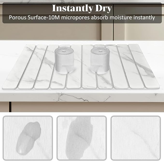 Large Stone Dish Drying Mats for Kitchen Counter, Quick Dry Dish Drying Mats, Foldable Absorbent Diatomaceous Earth Mats for Dishes Cups, Match Any Countertop (24"×16" & 8"x4" White Marble ) - Image 4