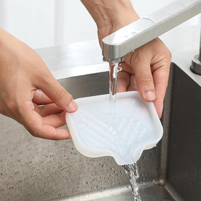 MicoYang Silicone Soap Dish with Drain Spout, Self-Draining Sink Organizer Tray for Bathroom & Kitchen, Sponges, Dispensers & Soap Holder, Non-Slip & Dishwasher Safe, Translucent (Compact, 4.9"×3.2") - Image 8