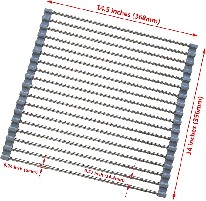 Roll Up Dish Drying Rack, Stainless Steel and Silicone Dish Drying Mat Over The Sink Foldable Drain Rack Multipurpose Dish Drainer for Kitchen, 14.5” x 14”, Gray - Image 3
