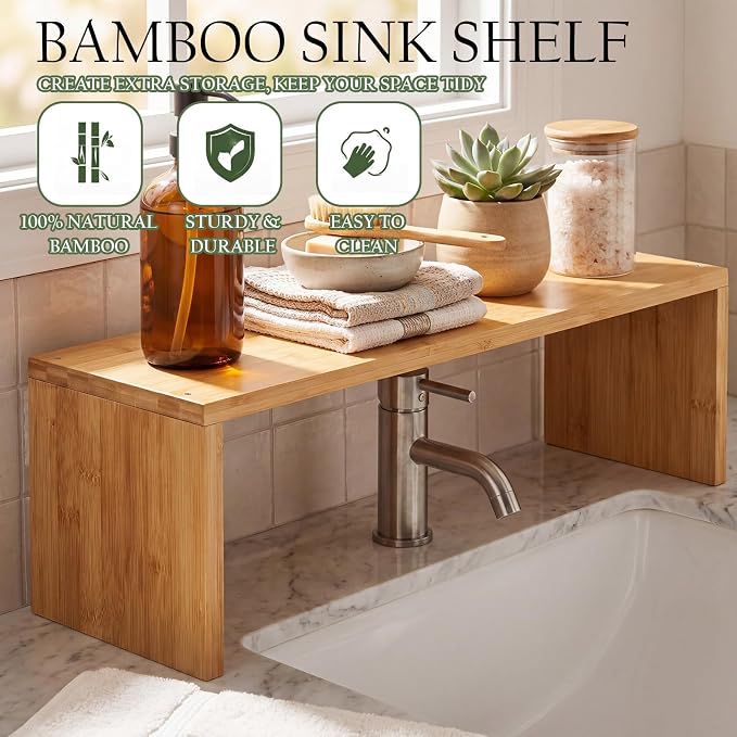 Bamboo Over the Sink Shelf Bathroom Shelf Organizer Over the Faucet Wood Pedestal Soap Stand Farmhouse Bathroom Decor Over the Sink Shelves(29.92 x 7.87 x 10.04 Inches,Bamboo Color) - Image 2