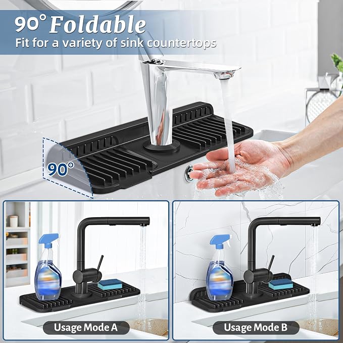 PoYang 14.6 Inch Faucet Mat for Kitchen Sink Splash Guard, Silicone, Black | Sink Protectors with 7° Slope for Smooth Drainage, Snap Button Holds It in Place, 90° Foldable & Cuttable Hole Fit Most Sinks - Image 2