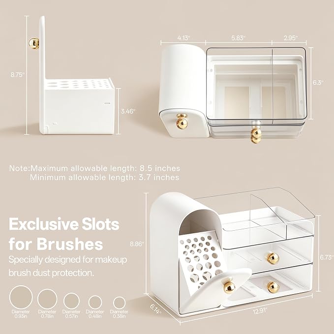 HBlife Makeup Organizer Countertop with Drawers, Vanity Organizers with Brush Holder, Bathroom Counter Organizer for Perfume, Nail Polishes, Lipsticks, Skincare and Eyeshadow Palettes, White and Clear - Image 3