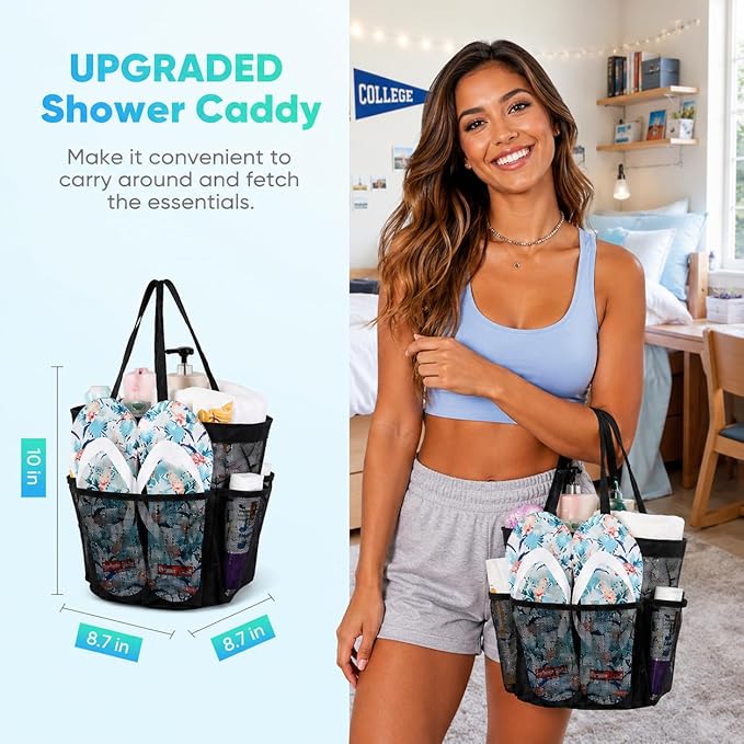 Mesh Shower Caddy Portable - 9 Pockets for College Dorm Room Essential | Large Capacity Mesh Shower Caddy with 9 Pockets, Portable Hanging Toiletry Bag for College Dorm, Gym, Camping and Beach - Image 3