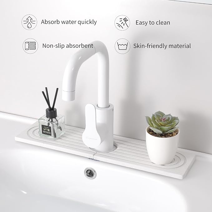 Diatomite Faucet Mat for Kitchen Sink, Quick-Dry Stone-Like Sink Mat, Flat Lay Absorbent Countertop Drying Mat for Faucet Area, Hard Diatomite Mat, White, 15.8 x 4 in - Image 2