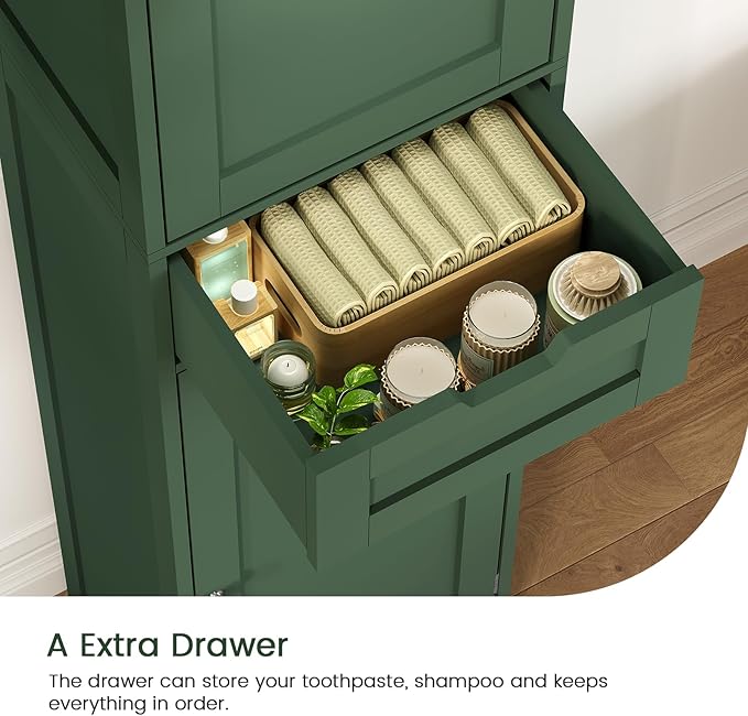 Iwell Tall Bathroom Storage Cabinet with 2 Doors & 1 Drawer, Narrow Storage Cabinet with Adjustable Shelves, for Living Room, Bathroom, Kitchen, Forest Green - Image 5