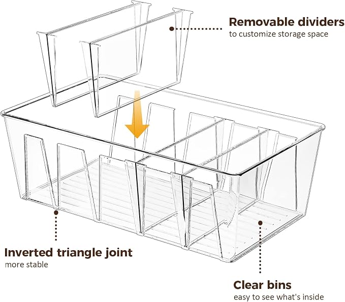 Puricon 4 Pack Pantry Organization and Storage Bins for Kitchen Fridge | Stackable Clear Plastic Storage Racks with Removable Dividers for Countertop Cabinet, 5 Compartments for Snacks Packet Spices - Image 2