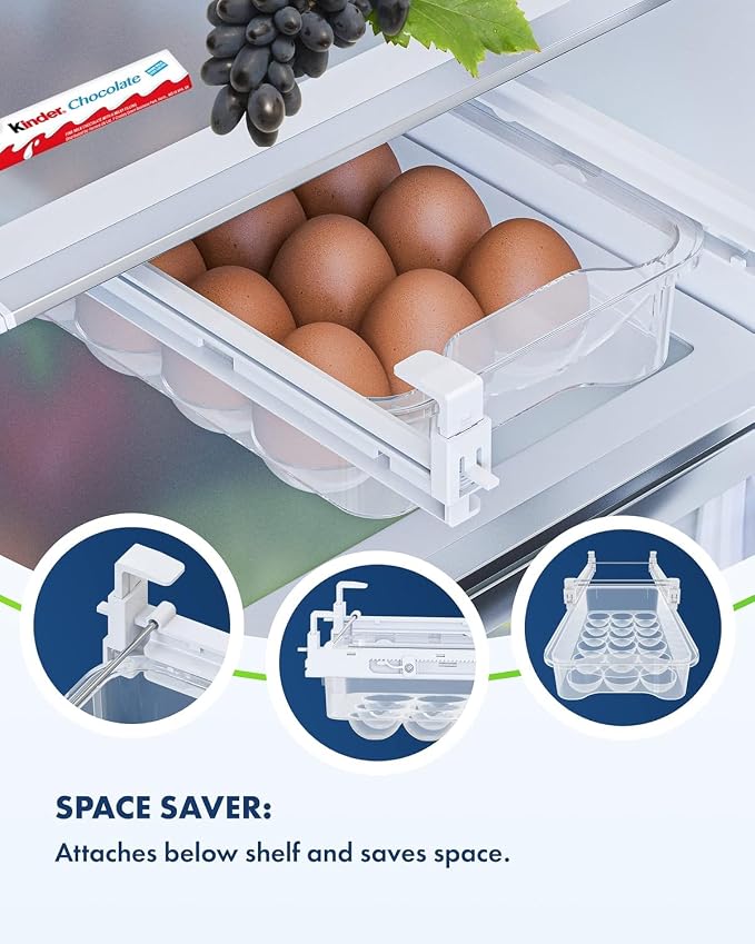 TidyFriend 2 Pack Refrigerator Egg Drawer 14"x7.5"x3.95" – Snap-On Egg Holder with Pull-Out Drawer, Holds 18 Eggs, Fits Flat Fridge Shelves 14.1–16.3 in Long and 0.93–1.32 in Thick - Image 4