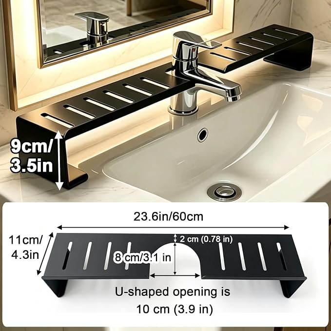 Vertical Faucet Storage Rack, Over the Sink Shelf, White, 23.6in/60cm | No-Drill Faucet Rack for Bathroom & Kitchen Countertop ,Space-Saving Toiletry Organizer- Easy Drainage, 50cm/60cm - Image 2