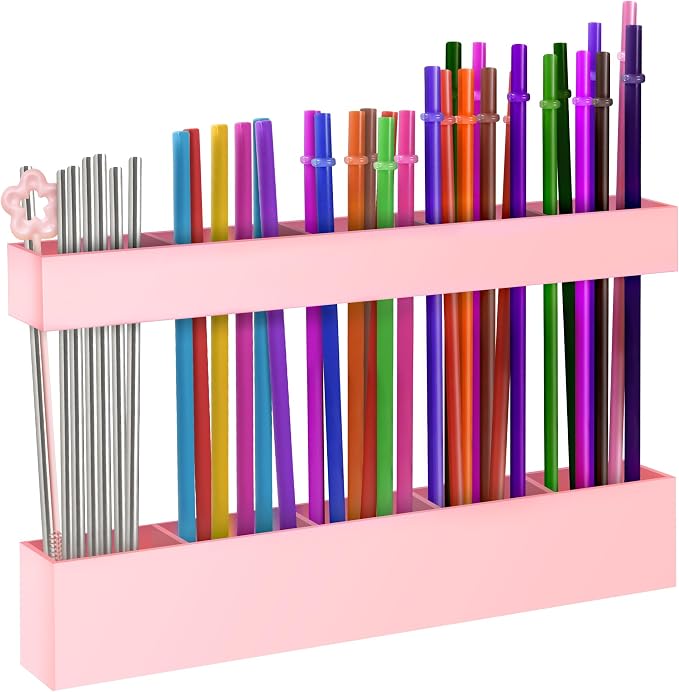 9.5” Large Acrylic Straw Holder for Cabinet Door, Adjustable Two-Part | Reusable Straws Organizer with Ultra Sticky Adhesive Strips, 2026 Straw Storage for Kitchen Cupboard (Rose Stone) by Rycid