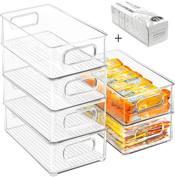Stackable Refrigerator Organizer Bins, 6 Pack Clear Kitchen Organizer Container Bins with Handles and 20 PCS Plastic Bags for Pantry, Cabinets, Shelves, Drawer, Freezer - Food Safe, BPA Free 10"L - Image 4