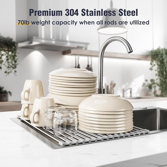 Tomorotec Roll Up Dish Drying Rack Over Sink, 304 Steel, 17.7x12.5, Grey | Anti-Slip Silicone Rims For Grip, Heat-Resistant Trivet Mat Holding Heavy Cookware, Rustproof Kitchen Counter Space Saver - Image 5