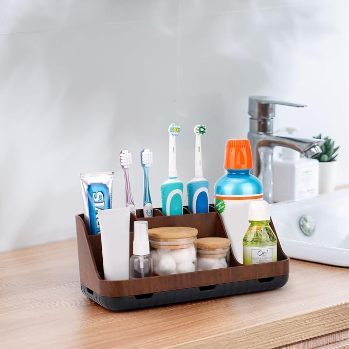 GFWARE Wood Toothbrush Holders for Bathroom Organizer with Drain Holes | Detachable 7 Slots Kid Electric Toothbrush and Toothpaste Holder, Bathroom Sink, Caddy, Tray, Vanity Storage Wood-Look, Brown - Image 2