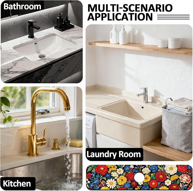 2 Pcs Kitchen Sink Splash Guard Faucet Mat Vintage Colored Flowers Pattern Faucet Mat for Sinks Absorbing Drying Mat for Kitchen Bathroom, 23.6x5.5inch - Image 7
