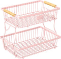 2 Tier Fruit Basket for Kitchen Counter with 2 Banana Hangers, Countertop Metal Fruit Bowl with Wooden Handle, Large Storage Stand for Vegetables, Snacks, Breads, Produce Storage – Pink by Unknown
