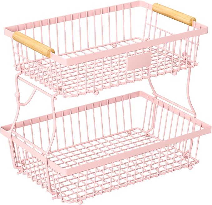 2 Tier Fruit Basket for Kitchen Counter with 2 Banana Hangers, Countertop Metal Fruit Bowl with Wooden Handle, Large Storage Stand for Vegetables, Snacks, Breads, Produce Storage – Pink by Unknown