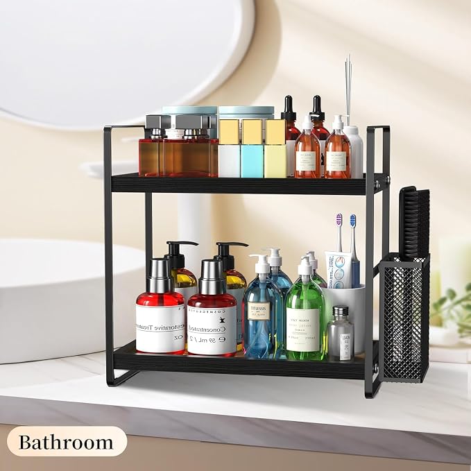 Bathroom Organizer Countertop, Counter Organizer for Bathroom Decor, Wooden Sink Shelf for Vanity Storage, Makeup Tray for Perfume Skincare Bedroom Kitchen Corner (Black) - Image 4