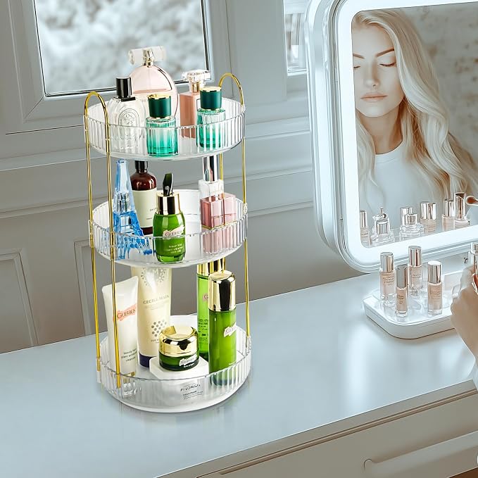 360 Rotating Makeup Organizer, 3 Tier Large Capacity Lazy Susan Bathroom Counter Organizer, Skincare Organizers, Spinning Perfume Organizer & Vanity Organizer Countertop (Golden Clear, 3 Tier) - Image 7