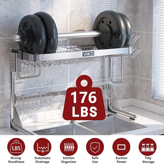 VNKZI Over Sink Dish Drying Rack, 2 Tier Full Stainless Steel Storage Adjustable Length (25.98'' to 36.61'') Kitchen Rack, Multifunctional Expandable Counter Organizer, Space Saver Dish Rack - Image 4