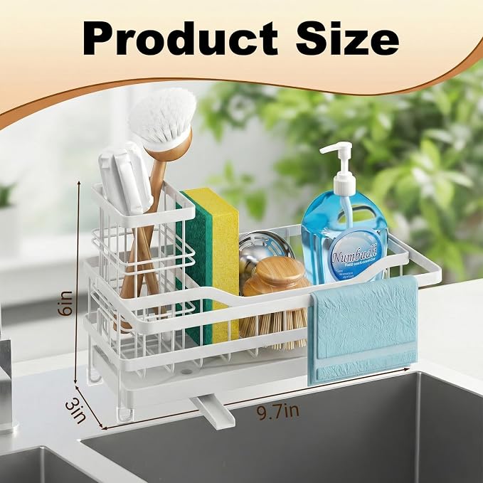 Sponge Holder for Kitchen Sink, Self-draining Sink Organizer with Towel Rack and Brush Holder, Metal Kitchen Sink Organizer for Countertop, White - Image 2