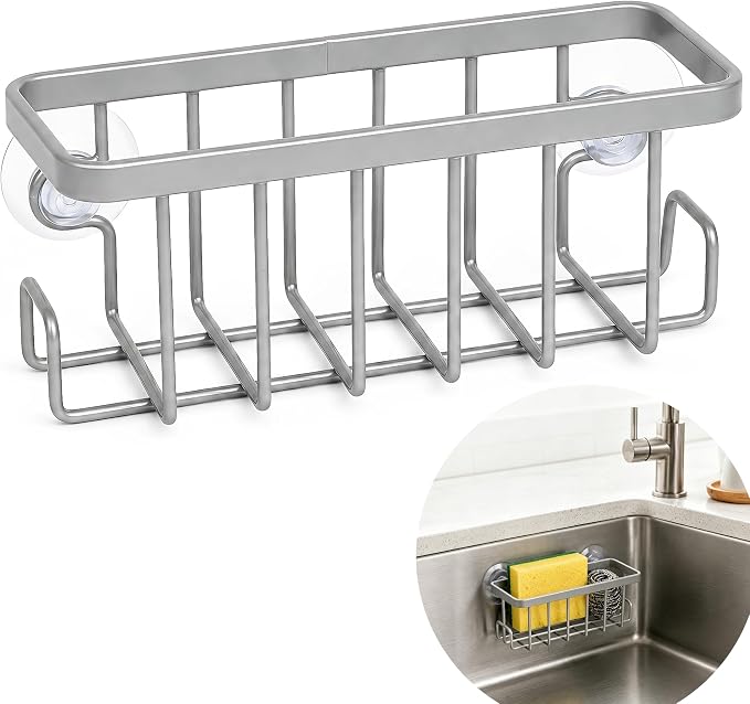 Sponge Holder for Kitchen Sink - Rustproof Coated Sink Caddy with 2 Side Hooks | Heavy Duty Suction Cup In-Sink Organizer for sponge, Scrubber & Stopper, Silver by DiscountPartsDirect