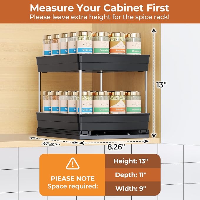 Mystozer Pull Out Spice Rack Organizer for Cabinet, Slide Out Spice Racks Organizer, Easy to Install Spice Cabinet Organizers, 8.26''Wx10.6''Dx8.7''H, 1 Pack-2 Tier(Black) - Image 7